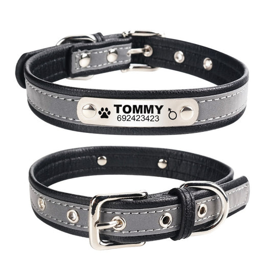 Personalized Reflective Leather Dog Collar With Custom Name Tags!
